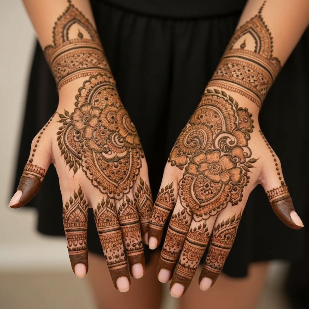 Detailed mehndi artwork on hands showing intricate patterns